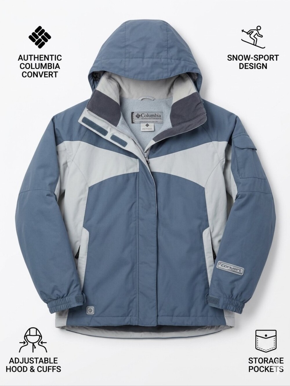 Columbia Womens Convert Hooded Jacket in Slate Blue and Light Gray Size S